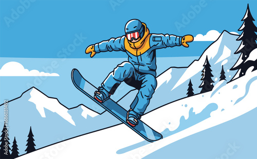 Snowboarder Performing a Trick in a Vibrant Winter Landscape