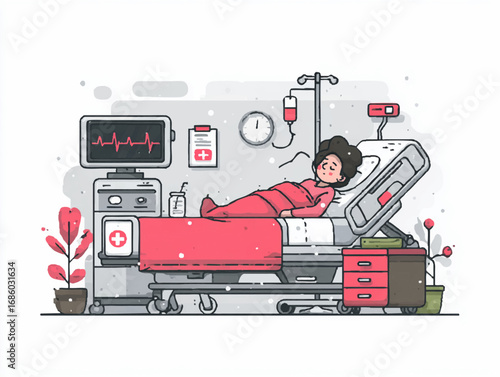 a child lying in a hospital bed surrounded by medical equipment