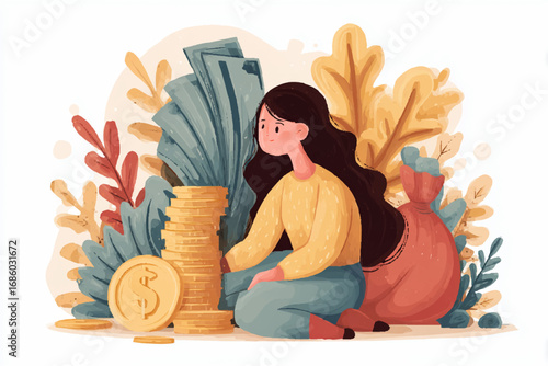 a girl kneeling among plants with stacks of gold coins