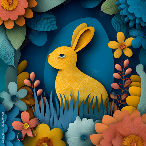 A charming yellow papercraft rabbit sitting in a garden.