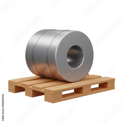 A large rolled metal coil rests securely on a wooden pallet, showcasing industrial manufacturing and material handling concepts.