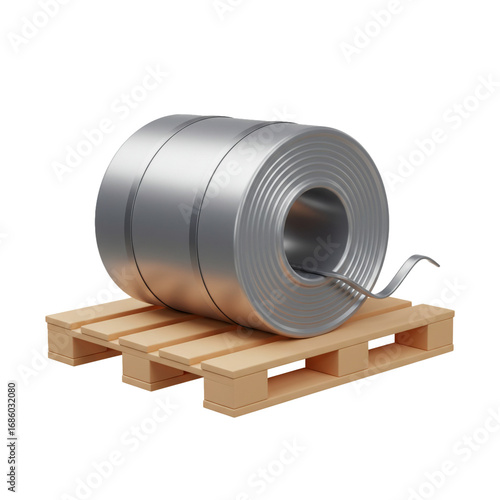 A shiny metal coil of rolled steel rests on a wooden pallet, representing industrial manufacturing and material handling.