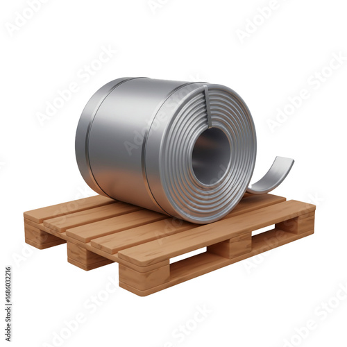 A shiny metal coil of rolled steel rests on a wooden pallet, ready for transport or storage in an industrial setting.