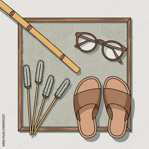 A minimalist vector illustration showcasing the iconic personal belongings of Mahatma Gandhi, symbolizing his philosophy of simple living and non-violence