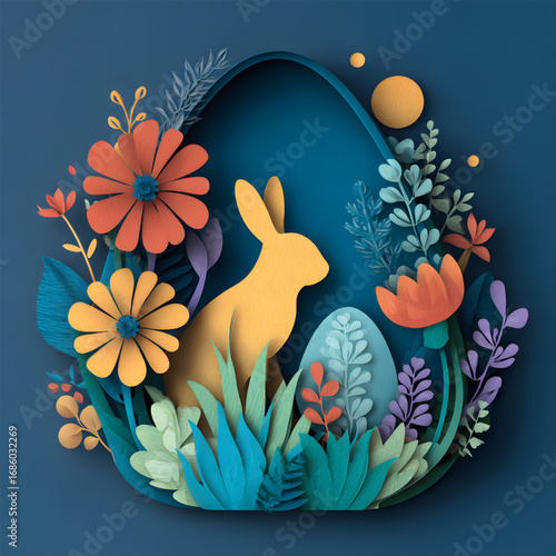 Papercraft Easter bunny silhouette with colorful flowers and egg.