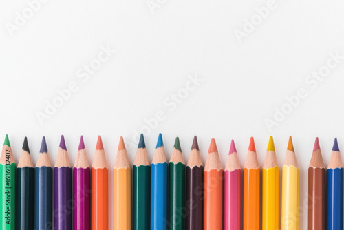A row of vivid colored pencils is lined along a clean white background, with sharp tips facing upward to showcase a full spectrum of hues, tones, and creative potential.