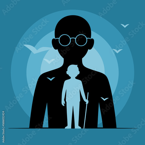 Vector illustration of Mahatma Gandhi, a tribute to the revered leader's principles with iconic imagery