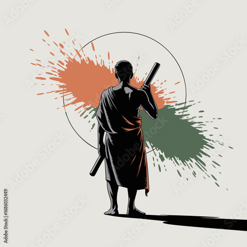 Vector illustration of Mahatma Gandhi in silhouette with splashes of orange and green paint, symbolizing his legacy and influence