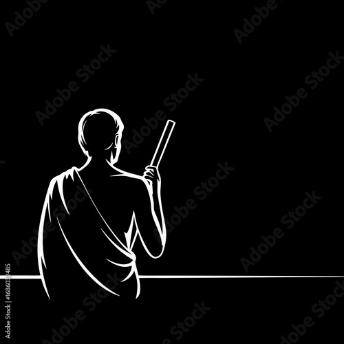 Black and white minimalist vector illustration of Mahatma Gandhi from behind, a tribute to the iconic mahatma
