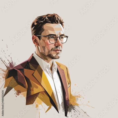 Dynamic vector art portrait of a sophisticated man, reflecting visionary leadership, with the profound principles of mahatma gandhi inspiring its core essence