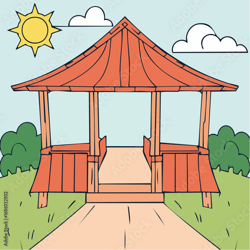 modest shaker garden gazebo with hand-drawn beams and open airy layout 