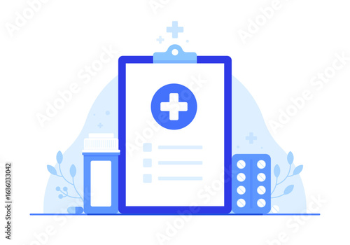 Medical clipboard with prescription form, pill bottle, and blister pack of tablets. Healthcare, medication, pharmacy, treatment concept. Flat vector illustration isolated on white background