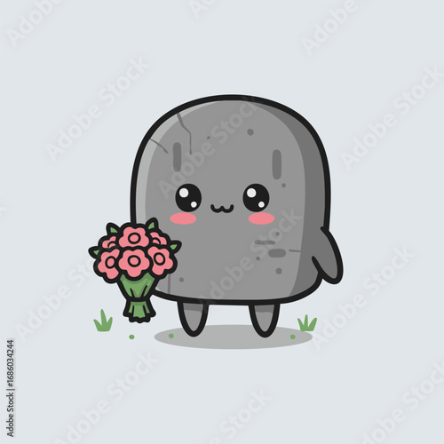 cute tombstone character with flower bouquet illustration halloween collection