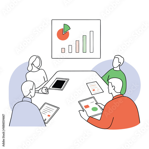 Flat vector silhouette of executives in a corporate boardroom discussing business strategy and planning future growth silhouette