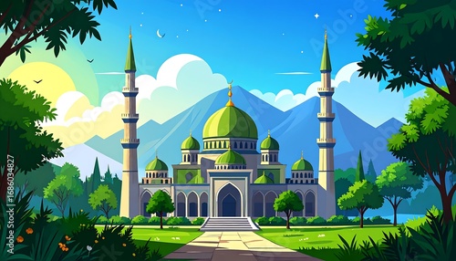 Colorful mosque scene in a lush landscape
