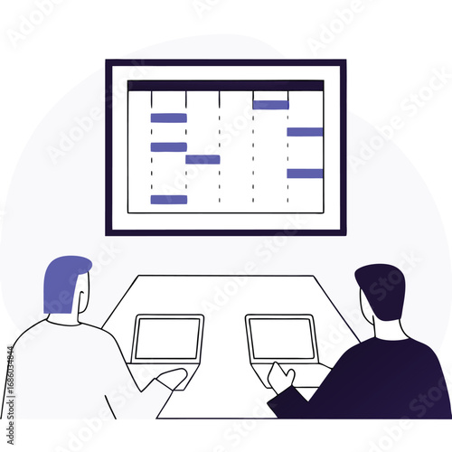 Team collaboration and project planning silhouette concept with gantt chart elements