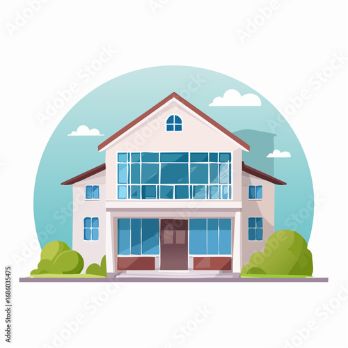 A detailed illustration of a modern two-story house with large windows and surrounding greenery, under a clear blue sky