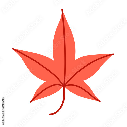 Simple illustration of a red autumn leaf with five pointed lobes. Isolated on a white background. Symbolizing fall, foliage and seasonal nature. Flat vector. Hand drawn.