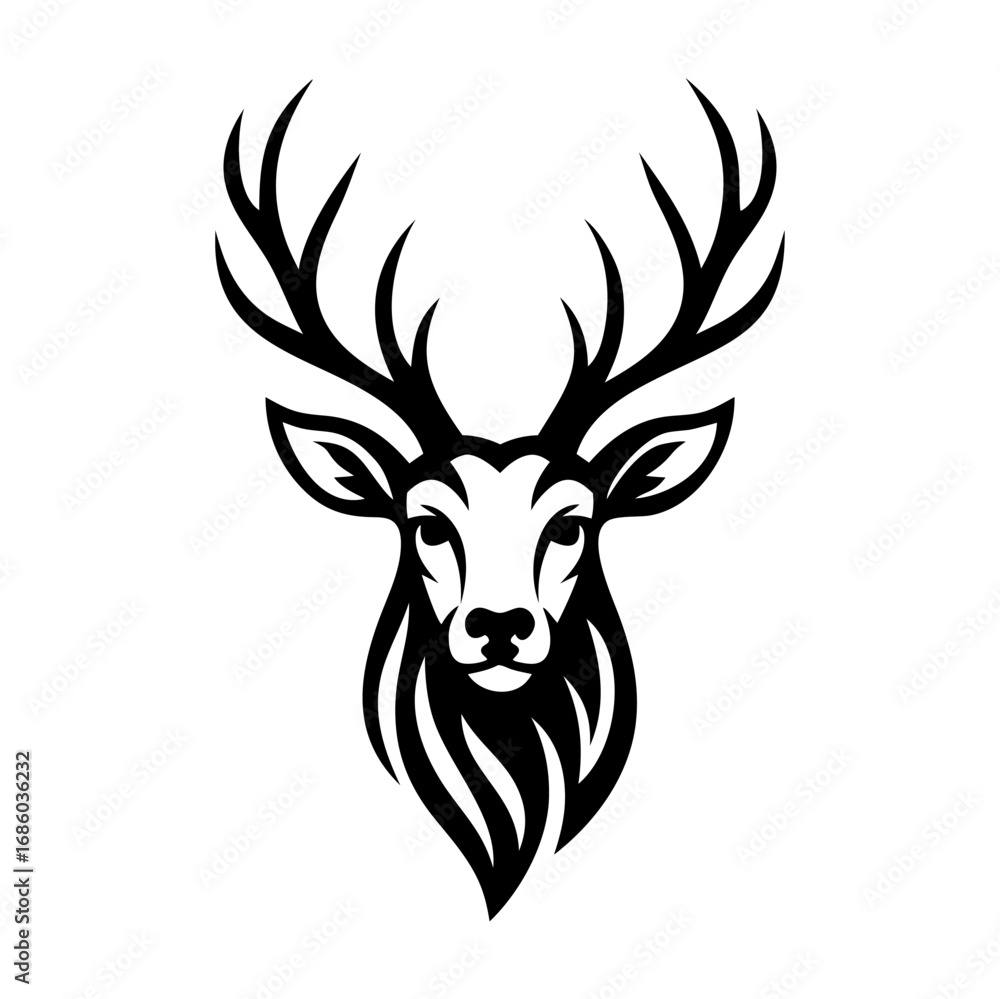 Naklejka premium Tribal Deer Head Vector – Majestic Stag with Antlers – Black and White Tattoo, Logo, and Wildlife Illustration