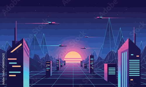 Retro futurism vector synthwave illustration, cyberpunk vector 80s retro aesthetic neon grid landscape depicting a vibrant city with flying vehicles