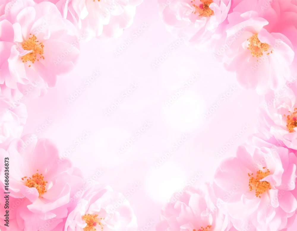 Fototapeta premium Soft pink roses frame a light background