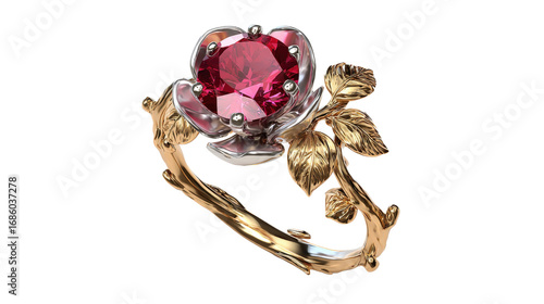 Nature-inspired ring designed as a flower blooming around a ruby, isolated on a Transparent background, PNG file.