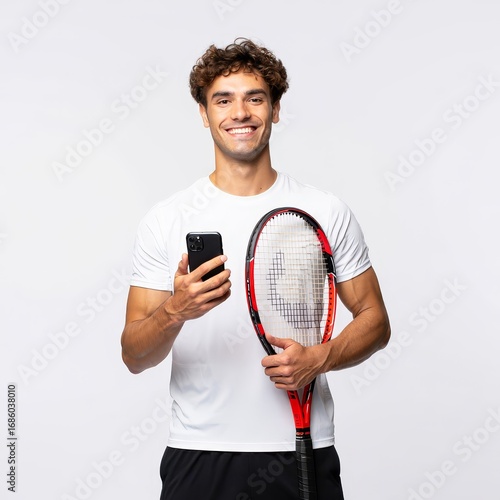 Smiling Male Tennis Player Holding Smartphone and Racket