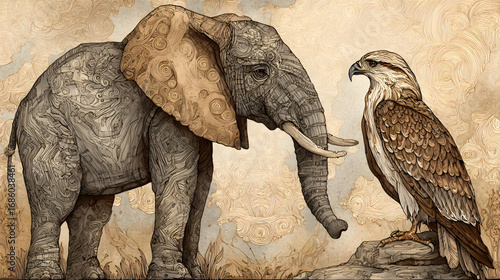 An African Elephant and a Majestic Hawk Illustration.