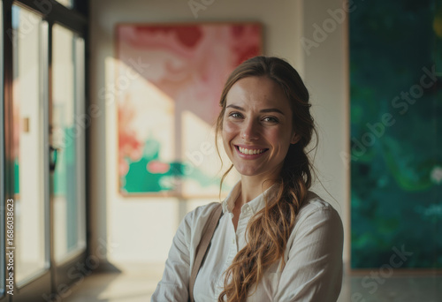 Artistic workspace manager smiling in a vibrant art facility