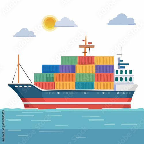 A flat vector illustration of a container ship navigating the ocean, representing global logistics and maritime transport