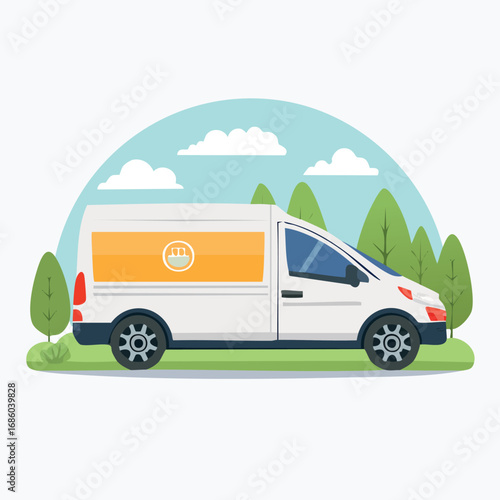 Flat vector illustration of a white commercial delivery van with a bread basket logo. Food shipping truck in a nature landscape setting. Flat design style