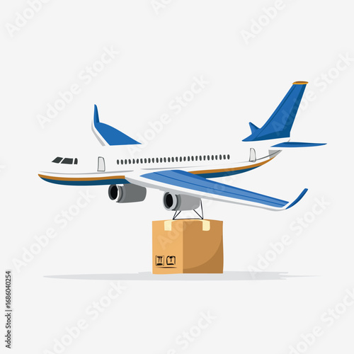 Illustration of an airplane carrying a cargo box, symbolizing air cargo and delivery services, with a clean, flat vector design