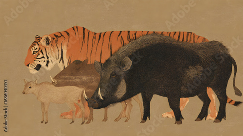 Vintage Zoological Illustration of a Tiger Wild Boar and Deer.