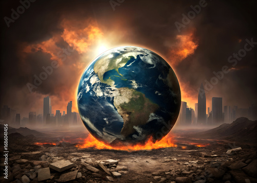 Earth engulfed in flames amidst burning city ruins and smoke