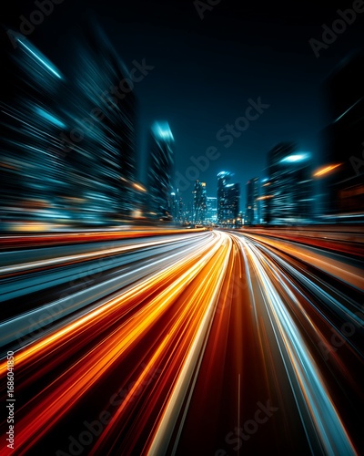 Night Highway and Cityscape with Light Trails