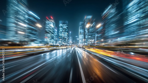 Night City Roadway with Motion Blur and Illuminated Buildings