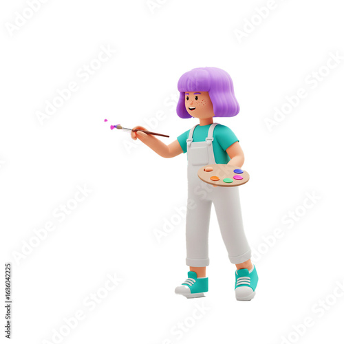 A cheerful with purple hair, wearing overalls, holds a palette and paintbrush, seemingly creating art with vibrant colors.