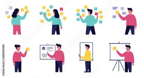 A collection of flat design illustrations showing diverse people brainstorming, planning, and presenting ideas using sticky notes and whiteboards.