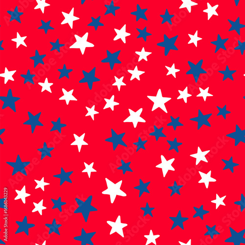 USA patriotic seamless pattern. American traditional backdrop.  Red white blue stars background. Vector template for fabric, textile, wallpaper, wrapping paper, etc.