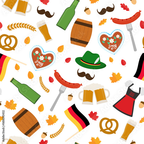 Oktoberfest seamless pattern. German beer festival background Vector template for fabric, textile, wallpaper, wrapping paper, etc.