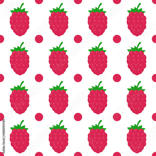 Raspberries seamless pattern. Summer berries vector background.  Vector template for fabric, textile, wallpaper, wrapping paper, etc.