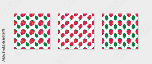 Set of 3 strawberries seamless patterns. Summer berry vector background.  Vector template for fabric, textile, wallpaper, wrapping paper, etc.