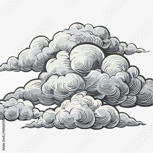 Hand-drawn cumulonimbus clouds in a classic woodcut etching style, isolated vector illustration for weather and nature concepts