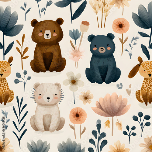 Adorable cartoon woodland animals sitting among whimsical flowers.