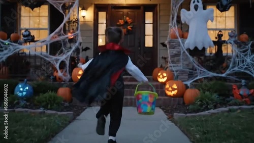 Child in vampire costume trick or treating at a decorated house with a bucket of candy at dusk. halloween theme