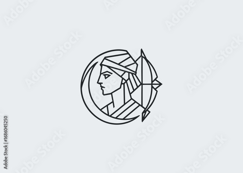 A geometric style line art Artemis logo, symbolizing the moon, hunting, and the protector of nature