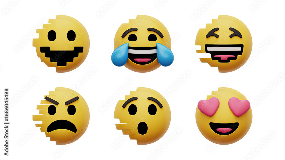 Fototapeta premium Captivating collection of glitch effect emojis expressing diverse emotions for digital communication and design