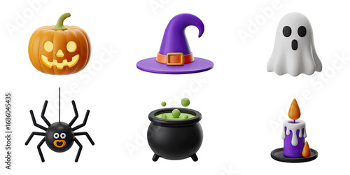 Spooky Halloween icons including pumpkin, ghost, witch hat, cauldron, spider, and candle for festive designs