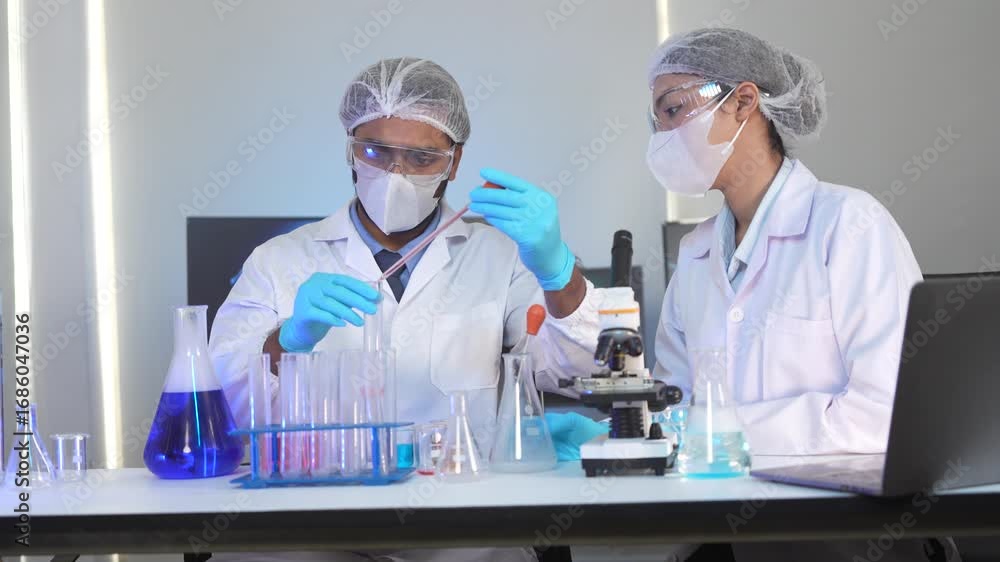 Two biochemists collaborate on a new drug formulation, analyzing the ...