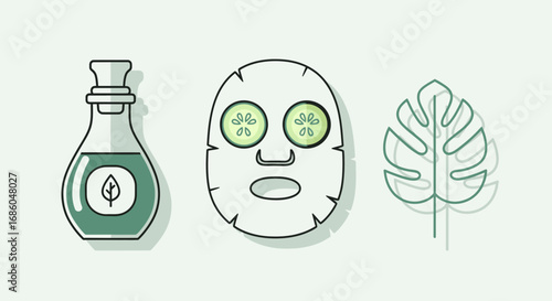 Natural skincare products and a tropical leaf for a refreshing beauty routine